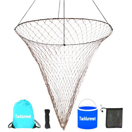 Tacklurenet Foldable Pier Fishing Net Bridge Net, Drop Net for Pier Fishing Designed for Big Fish with Dual-Line Reinforced Fiber Net Bold Soft Steel Hoops Folding Bucket Storage Bag Nylon Rope Bait Net Bag