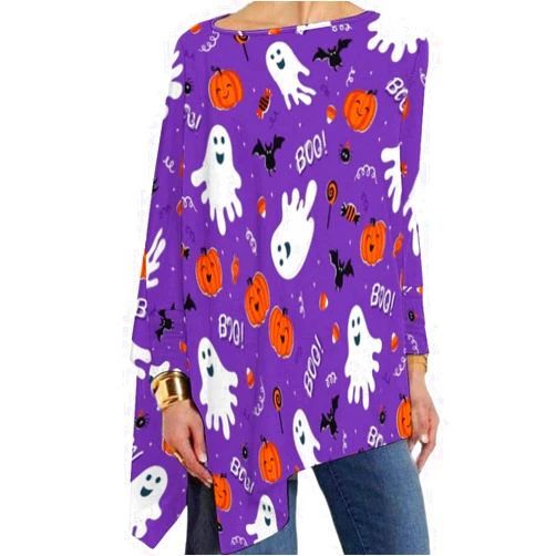 Fidiiog Womens Pullover Asymmetrical Long Sleeve Boat Neck Blouse Cute Ghost Stylish Loose Tees