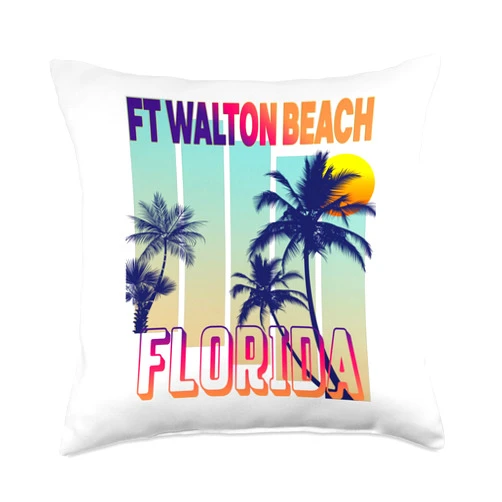 Ft Walton Beach Retro Vintage Themed Designs Ft Walton Beach Retro Vintage Style Palm Tree Throw Pillow, 18x18, Multicolor