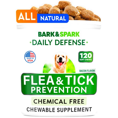 BARK&SPARK Natural Flea and Tick Prevention Chews for Dogs - Chewable Tablets for Dogs - All Breeds and Ages - Made in USA Flea and Tick Remover Supplement - Bacon - 120 Treats