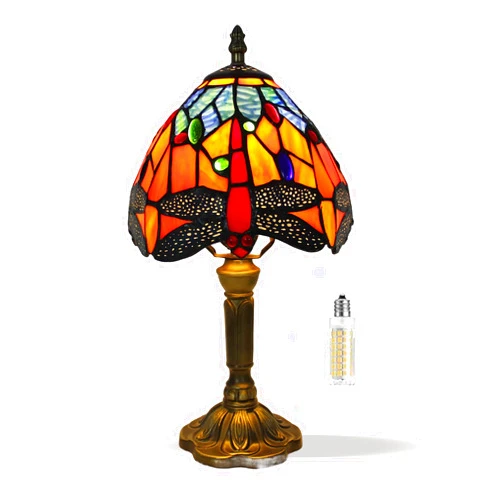 XFNlumere 8 inch Dragonfly Tiffany Style Table lamp Vintage Small Blue Orange Stained Glass Shade Light Home livingroom Bedroom Bedside Light Desk Decor Decoration 14.6