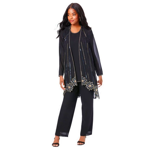 Roaman's Women's Plus Size Three-Piece Beaded Pant Set