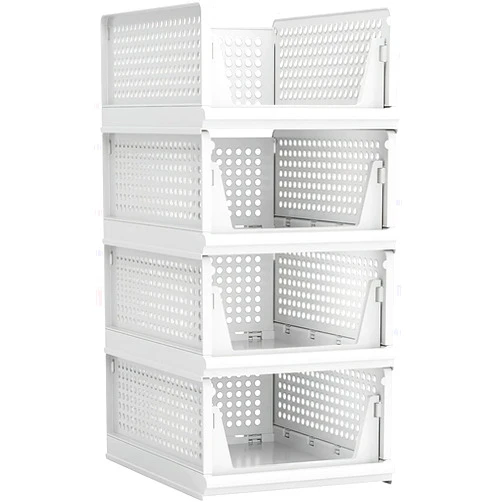 RUYICZB 4 Pack Stackable Plastic Storage Basket Closet Organizer Bin Foldable Clothes Organizer Storage Drawer Shelf Container for Living Room Bathroom Kitchen Office,L