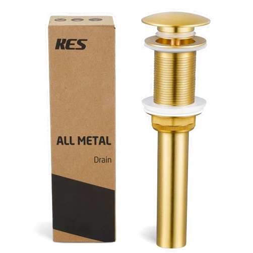 KES Sink Drain Without Overflow Bathroom Pop Up Drain Assembly Stopper Vessel Sink Brushed Gold for 1.6