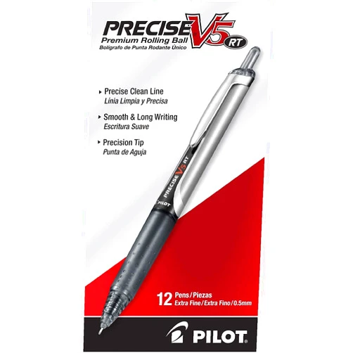 Pilot, Precise V5 RT Refillable & Retractable Rolling Ball Pens, Extra Fine Point 0.5 mm, Black, Pack of 12
