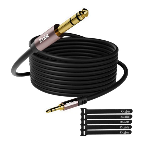 Kxable 3.5mm to 6.35mm Stereo Audio Cable 25 Feet, Long 1/4 to 1/8 inch Headphone Cable Jack, Hi-Fi Sound, Gold Plated Connectors, OFC Core, Black Cable (with 5 pcs Cable Ties) - 25ft