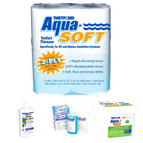 Thetford Aqua-Soft Toilet Tissue with Thetford RV Toilet Seal Lube and Conditioner with Fresh Water Tank Detergent and Sanitizer Treatment with Thetford AquaMAX® Summer Cypress Scent RV Holding Tank Treatment