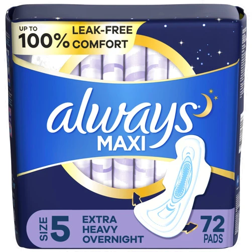 Always Maxi Overnight Pads with Wings, Size 5, Extra Heavy Overnight, Unscented, 72 Count