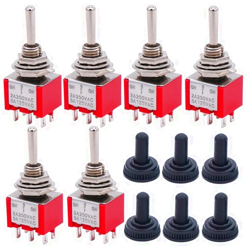 Twidec/6Pcs Mini Momentary Toggle Switch DPDT 3 Position 6 Pins (0N)-Off-(ON) Miniature Toggle Switch AC 5A/125V 2A/250V Car Boat Switches with Waterproof Cap MTS-223-MZ