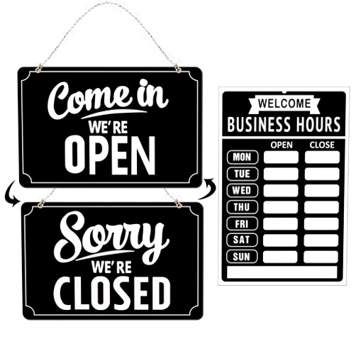 SnailGo Open Closed Signs Business Hours Sign Set for Window Door Open Signs for Business Hour Closed Open Flip Sign Store Resturant Bar Black