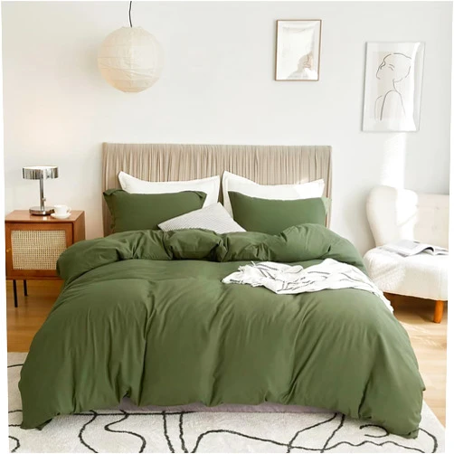 VClife Modern Army Green Duvet Cover Queen Comforter Cover Sets Soft Breathable Washed Microfiber Bedding Duvet Cover Sets 3 Pieces Simple Solid Bedding Duvet Cover with Zipper Closure 90