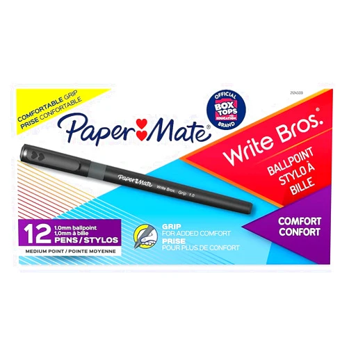 Paper Mate 8807987 Write Bros Grip Ballpoint Stick Pen, Black Ink, Medium, Dozen