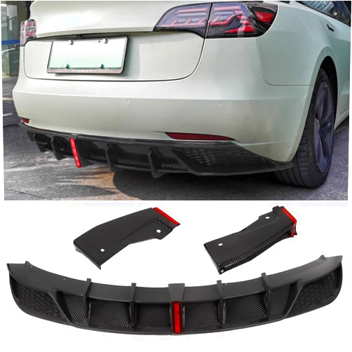 FLAMPETUS Rear Diffuser Bumper Lip Fit 2017-2023 Tesla Model 3, Matte Carbon Fiber ABS Bumper Cover Rear Protector Guard Aprons 3PCS Spoiler Splitter with Brake Light