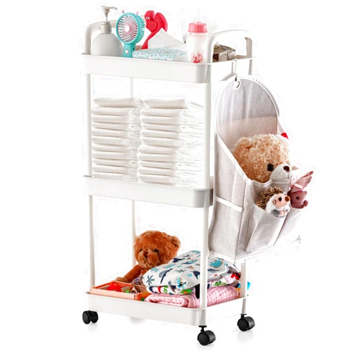 Barydat Set of 3 Tier Rolling Cart with Hanging Diaper Caddy Organizer, Roller Book Snack Baby Diaper Bedside Cart, Utility Storage Organizer Cart for Baby Nursery, Kitchen, Bathroom, Office(White)