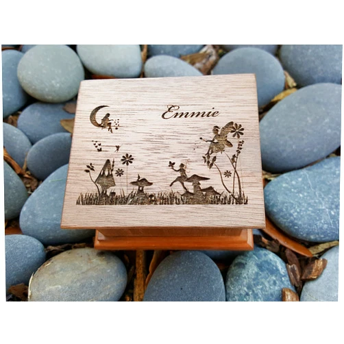 Simplycoolgifts Personalized wooden music box with a fairy garden engraved on the top along with a name, perfect gift for birthdays, baby sisters or christmas, custom made
