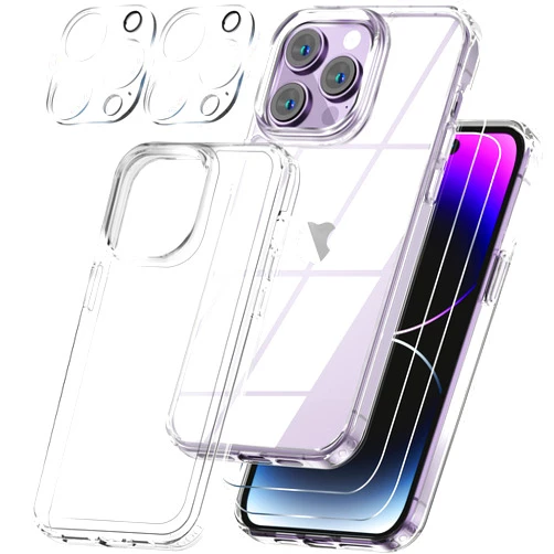 FUNLINK [5 in 1 for iPhone 14 Pro Max Case Clear, with 2X Screen Protector + 2X Lens Protector, [Military Grade Shockproof] [No Yellowing] Hard Back Slim Case for iPhone 14 Pro Max 6.7 inch