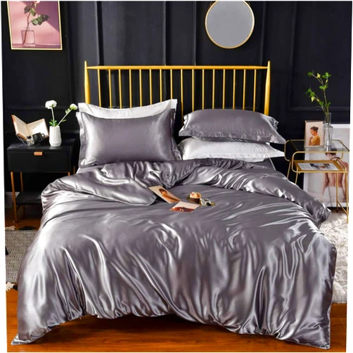 ColorfulMart Grey Gray Luxury Silk Bedding Set. Include Silk Duvet Cover, Silk Pillow Sham and Silk Fitted Sheet. Satin Silk, Silk Blend Fabric. No Comforter or Duvet Insert Included. King Size.