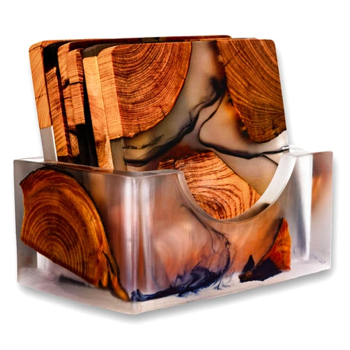 Avocrafts Wooden Coasters Set, Modern Epoxy Coasters with Holder, Cedar Wood Coaster, Full Set of 6 with Holder
