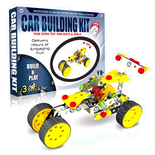 3 Bees & Me STEM Car Building Erector Toy Kit | Educational Metal Project for Boys and Girls Aged 8-11 Years Old (Ages 6-7 with Help) Beginner Gift Set for STEM Learning and Junior Engineers