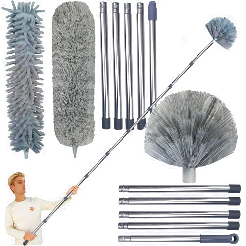 Tockrop 20+ Feet High Reach Duster Kit with 3-14 ft Extension Pole for Cleaning Fan, Spider web, High Ceiling, Blinds, Furniture, Cars - Cobweb Microfiber Duster // Outdoor & Indoor Extendable Duster