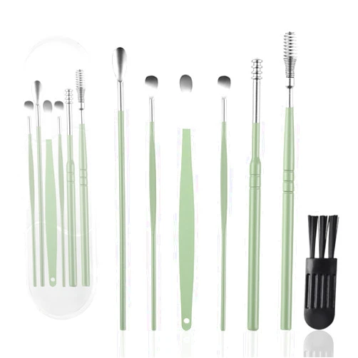 SPAOTREM 7 Pcs Ear Pick Earwax Removal Kit 360° Spiral Design Ear Cleaner Curette Stainless Steel with Cleaning Brush and Storage Box,Suit for Kid Adult (Green)