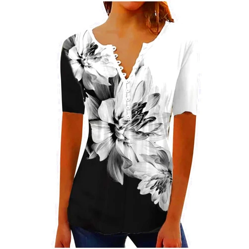 Ceboyel Women Short Sleeve Summer Tops 2023 Floral T Shirts Button V Neck Causal Blouses Trendy Dressy Ladies Fashion Clothes