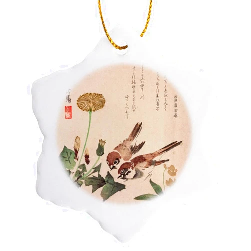 3dRose 3 inch Snowflake Porcelain Ornament - Japanese Vintage Art Sparrow Birds and Dandelion Flowers Beige Green Vintage Art