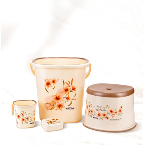 Nayasa Square DLX 4Pcs Bathroom Set(Bucket 18L+Mug 1.5L+Stool+Soap case) Off-White, Plastic