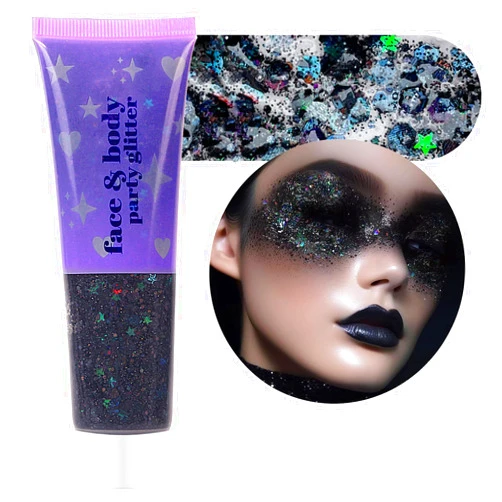 ANGXILIN High Capacity 60ML Chunky and Fine Mixed Face Body Glitter with Gel for Singer Concerts Rave Party Makeup,Quick Dry and Long Lasting Holographic Iridescent Sequins Glitter Gel (Black)