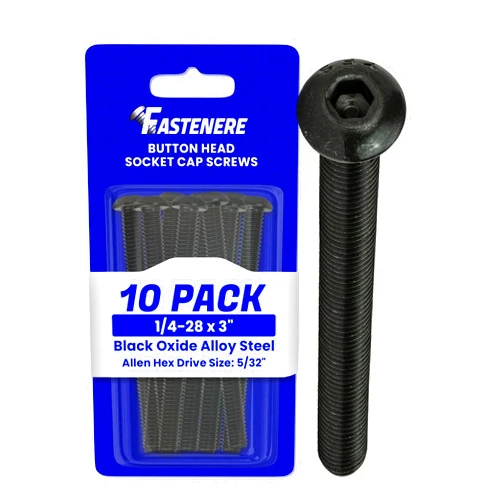 Fastenere Button Head Socket Cap Screws - 1/4-28 x 3 (10-Pcs) Alloy Steel, Fully Threaded, Fine Black Oxide Finish, Corrosion-Resistant, Machine Thread, Easy to Install w/Allen Hex Drive