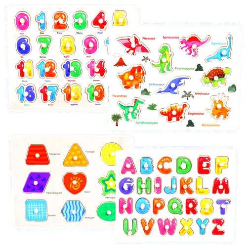 Melofaver Montessori Wooden Peg Puzzles for Toddlers 2 3 4 5 Year Old, 4 Pcs Kids Educational Toys Preschool Learning Activities-Alphabet, Shape, Number and Dinosaur, Baby Puzzle Gifts for Boys Girls