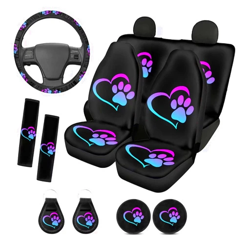 Uourmeti Dog Paw Car Seat Covers Full Set for Women Gradient Heart Print Front and Rear Bench Auto Seat Protector Steering Wheel Cover Seat Belt Cover Cup Coaster Keychains Cute Car Accessories