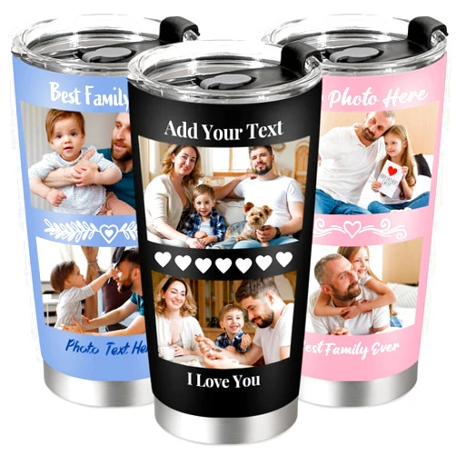 Flpoxzd Personalized Tumbler with Pictures Text, Custom Photo Stainless Steel Coffee Tumbler, Coffee Travel Mug Cup 20 Oz Custom Gifts for Fathers Day Christmas Birthday for Dad Mom Kids