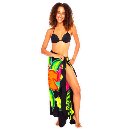 Back From Bali Womens Sarong Coverup Hand Painted Flower Swimsuit Wrap Skirt Beach Pareo with Coconut Clip