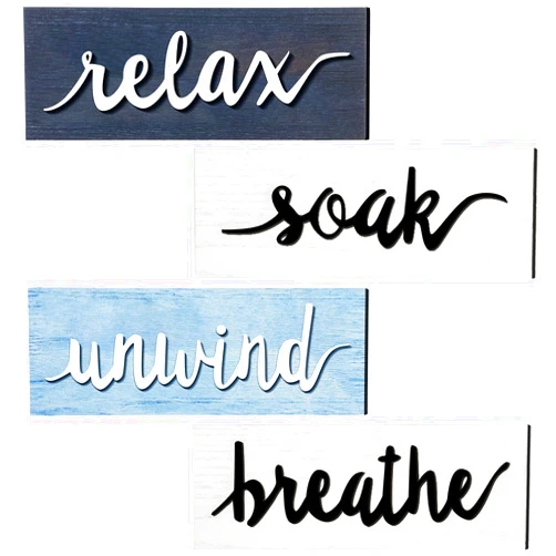Jetec 4 Pieces Bathroom Wall Art Farmhouse Wall Decors Relax Soak Unwind Breathe Rustic Bathroom Wooden Signs Funny Vintage Wooden Decor for Laundry Room Bathroom (White Blue Gray)