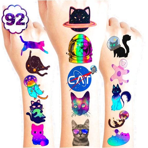 Frawharmone 92 PCS Funny Space Cat Temporary Tattoos Stickers Theme Birthday Party Decorations Supplies Favors Decor Cute Galaxy Cats Astronaut Star Tattoo Sticker Gifts For Kids Girls Boys School Prizes Carnival