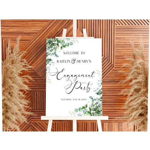 Generic Green Eucalyptus Plant Editable Engagement Party Welcome Sign | Greenery Garden Elegant Wedding Engagement Party Easel Poster Foam Board, Welcome To Our Engagement Party Sign, engagement party signs