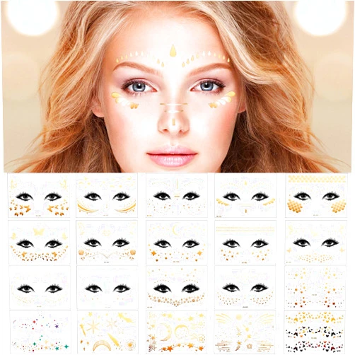 Zonon,20 Sheets Face Metallic Temporary Tattoo Sticker, Face Gold Temporary Transfer Tattoo Freckle Sticker for Women Girls Halloween Makeup Dancer Costume Parties