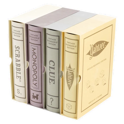 WS Game Company Scrabble, Monopoly, Clue, and Yahtzee Vintage Board Game Bookshelf Collection