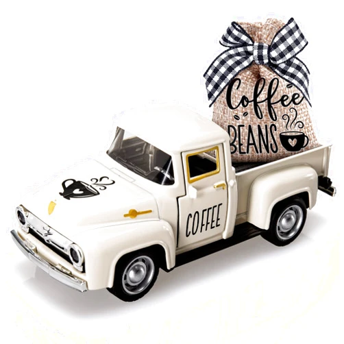 Huray Rayho Coffee Decor for Coffee Bar Metal Truck with Coffee Beans Burlap Sack Vintage Pickup Farmhouse Coffee Station Tabletop Tiered Tray Decor Mini Diecast Truck Decorations