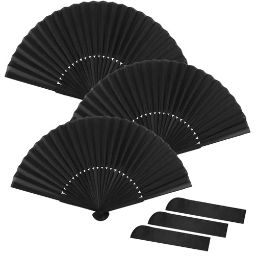 Jspupifip 3 Pack Silk Fabric Folding Hand Fans Classic Style Bamboo Ribs Hand Held Fan Chinese Vintage Handheld for Women Ladys Girls Wedding,Party and Gift(Black)