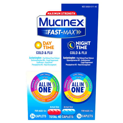Mucinex Fast-Max Maximum Strength Cold & Flu Day and Night Medicine, 40 Count Combo Base Caplets