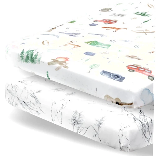 Pobibaby - 2 Pack Premium Pack N Play Sheets Fitted for Standard Pack and Plays and Mini Cribs - Ultra-Soft Cotton Blend, Stylish Woodland Pattern, Safe and Snug for Baby (Explore)