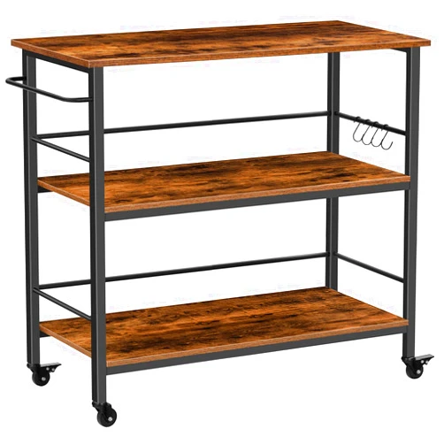 HOOBRO Kitchen Island with Storage,Industrial Kitchen Counter with Hooks and Side Enclosures, 3 Tier Kitchen Cart with Large Workstation, Saving Space, Easy Assembly, Rustic Brown and Black BF03ZD01
