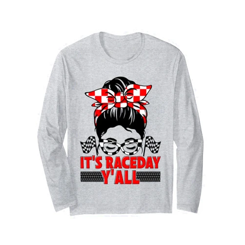 Cute Race Track Day Momma Messy Bun Women Outfit It's Race Day Y'all Checkered Flag Racing Messy Bun Women Long Sleeve T-Shirt