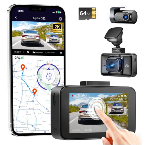 ARPHA Dash Cam Front and Rear, Free 64GB Card, 3'' Touch Screen Driving Recorder Built-in WiFi GPS, Voice Control, WDR Night Vision, G-Sensor Parking Mode, Loop Recording (D22)