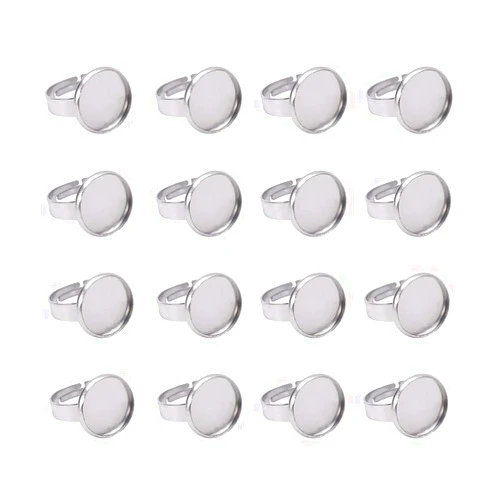 PH PandaHall 50pcs 12mm Stainless Steel Ring Base Blank Bezel Adjustable Pad Cabochon Base Flat Round Size 7 Finger Rings Components Findings for Jewelry Making Supplies