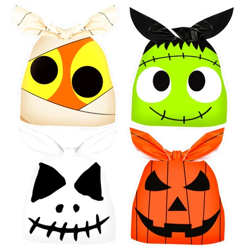 Peony man 100 Pcs Halloween Treat Bags Rabbit Ear Candy Bags Trick or Treat Small Plastic Goodie Bags Halloween Party Favor Bags for Kids Party Favor Supplies, 4 Designs