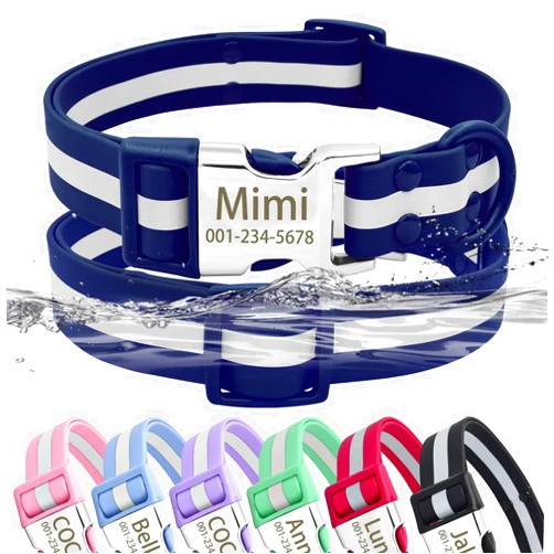 Senristar Personalized Waterproof & Reflective Dog Collar with Name Plate,Custom Easy Clean PVC Dog Collar with Buckle Engraved ID Name and Number (L(Width:1.0'', Fit 14.5''-23.0''),Navy Blue)