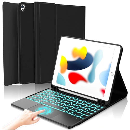D DINGRICH Touch Keyboard Case for iPad 9th/8th/7th Generation 10.2 inch, Pro 10.5, Air 3rd Gen - Smart Folio Cover Case with Pencil Holder, Smart Trackpad, Backlit Wireless Detachable Keyboard - Dark Grey